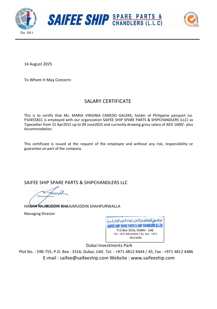 CERTIFICATE OF EMPLOYMENT SAIFEE SPARE PARTS AND SHIP CHANDLERS LLC