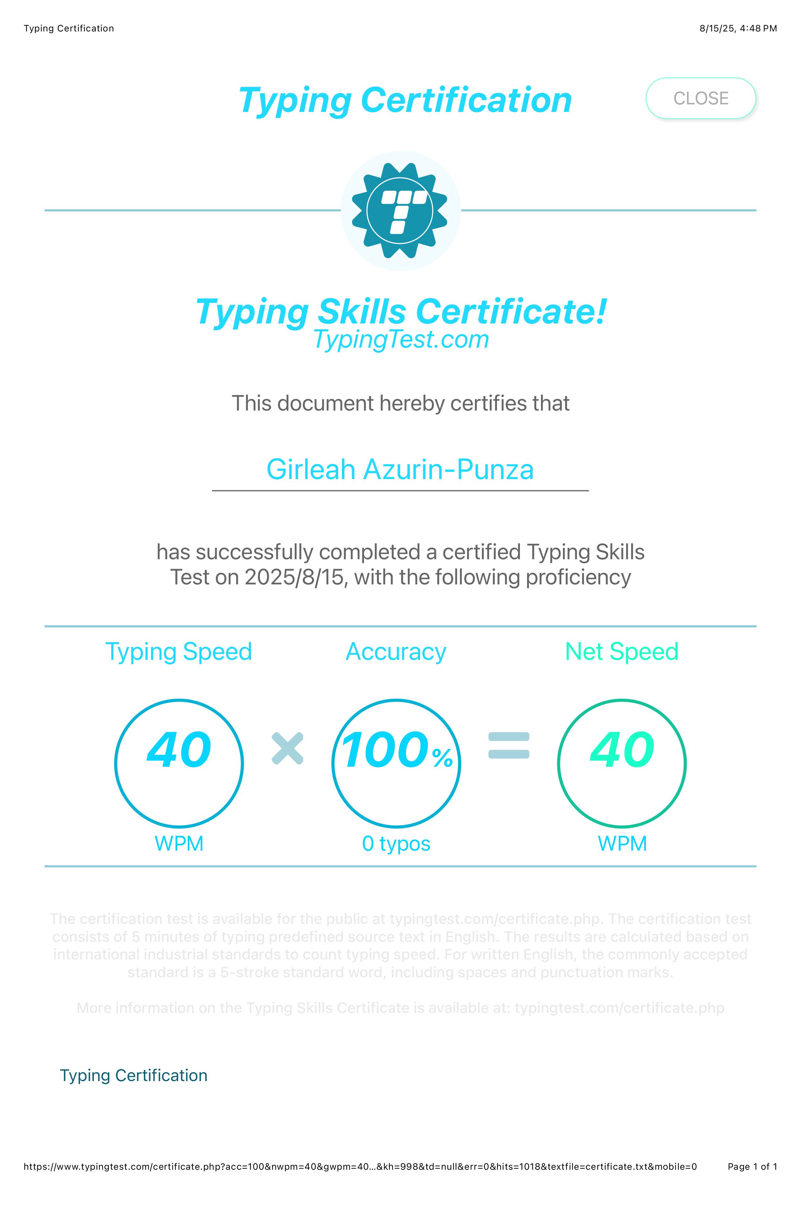 TYPING CERTIFICATE