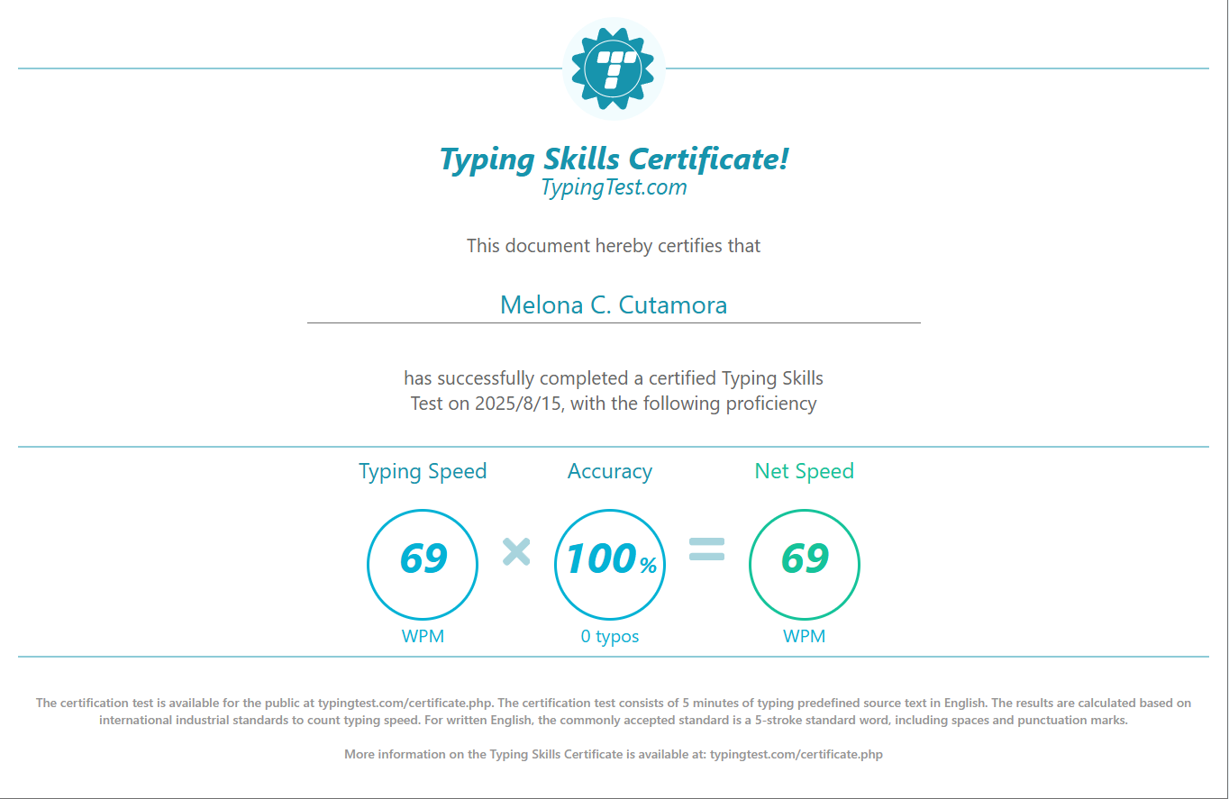 TYPING TEST CERTIFICATE
