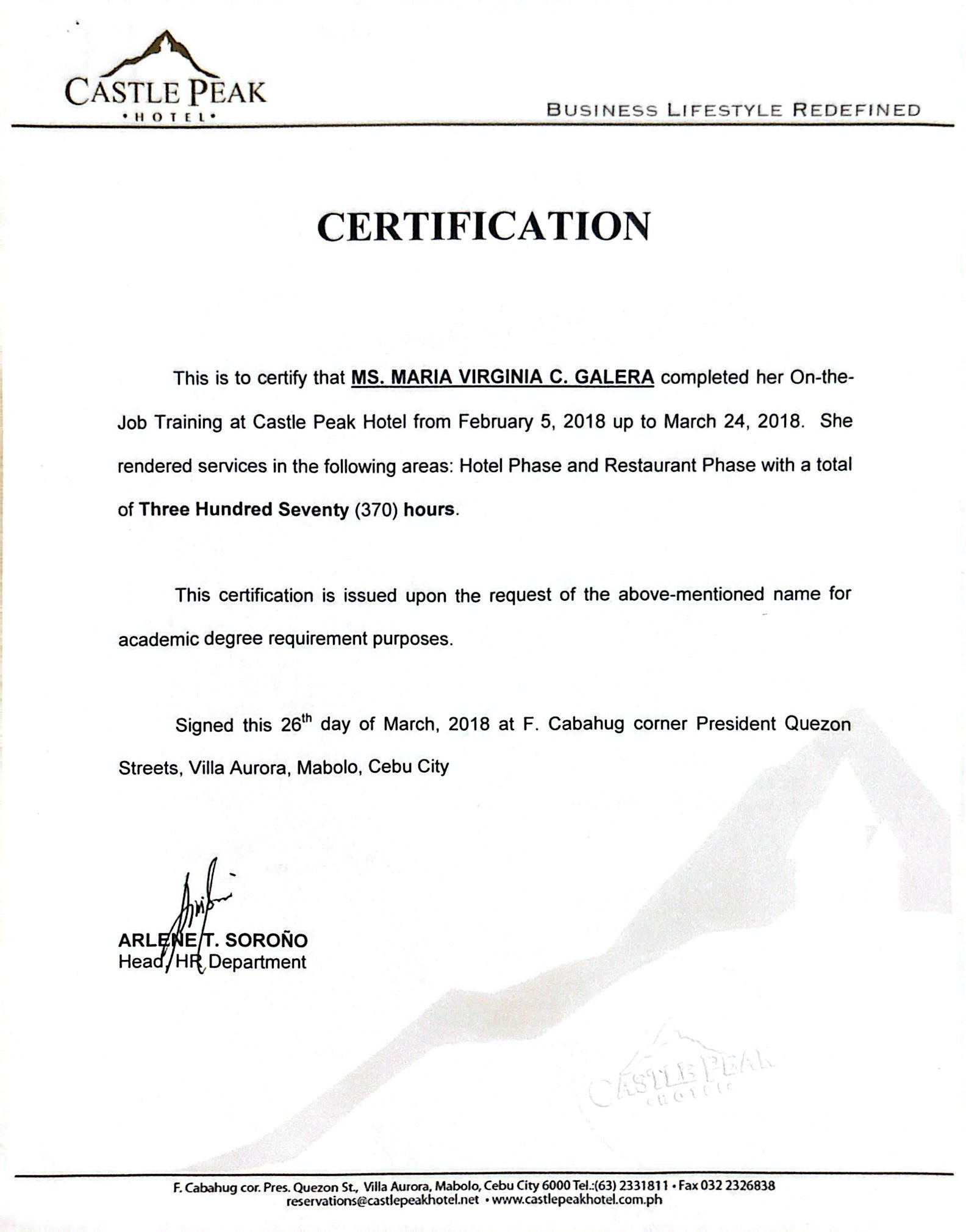 Castle Peak Hotel OJT Certificate
