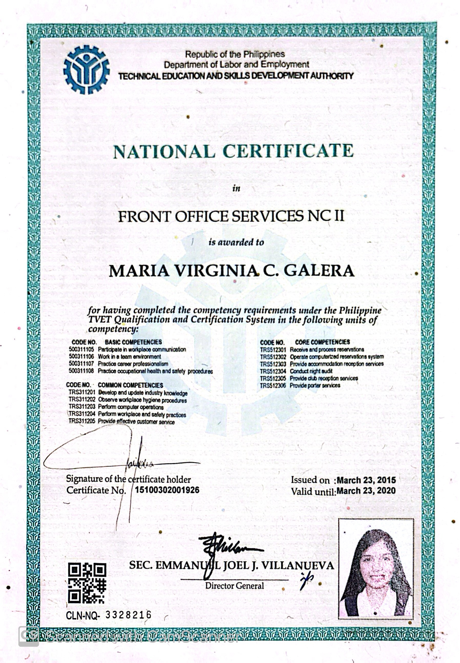 Front Office Services NCII Certificate