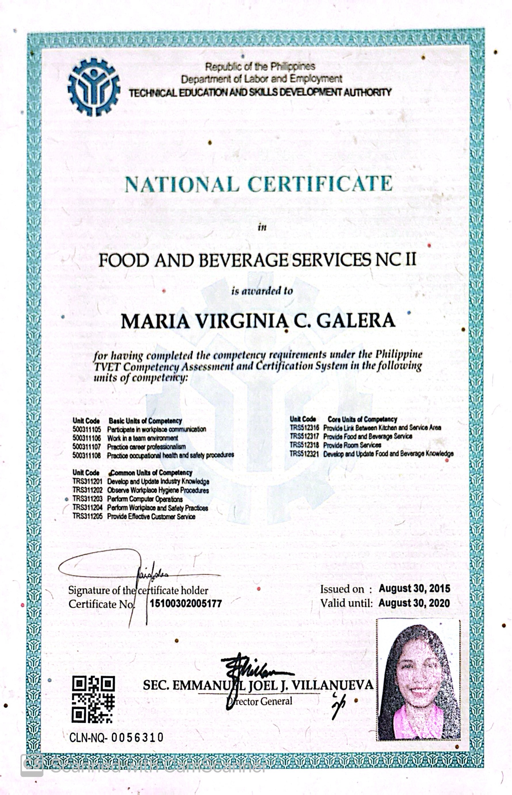 Food and Beverage Services NCII Certificate