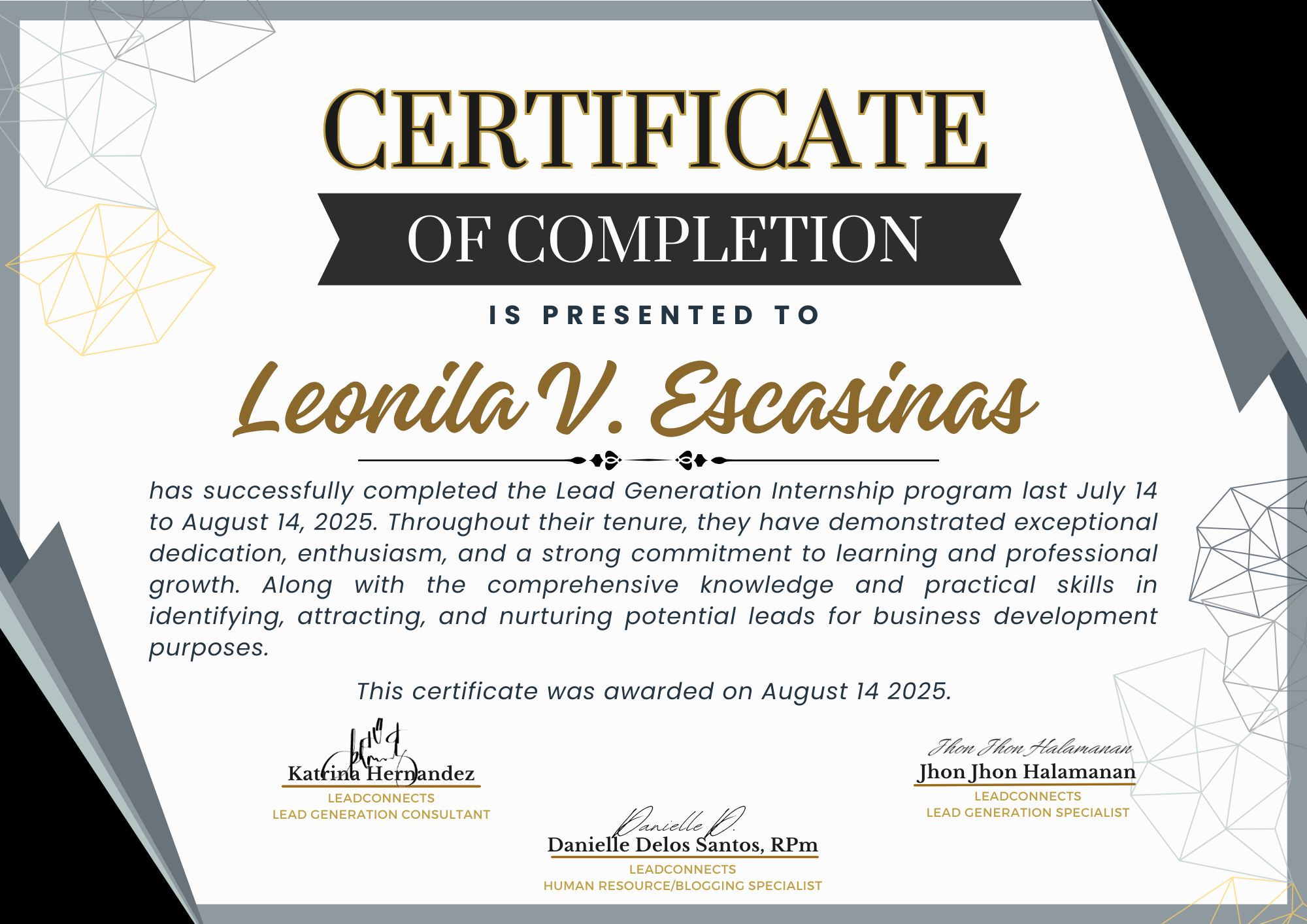 Lead Generation Internship Certificate