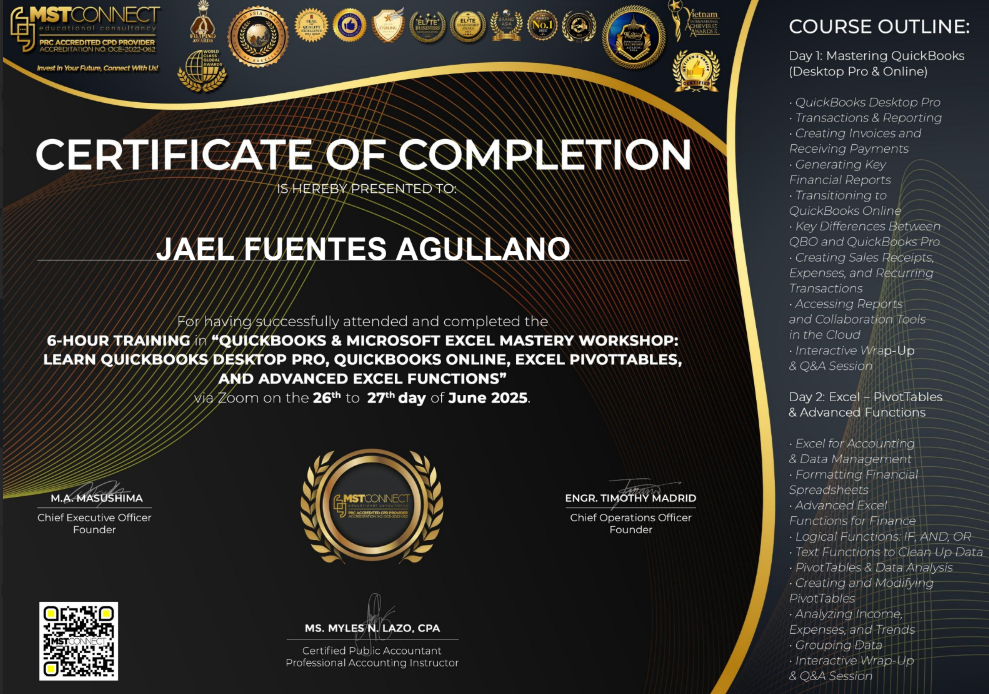 Certificate on QuickBooks & Microsoft Excel Mastery Workshop