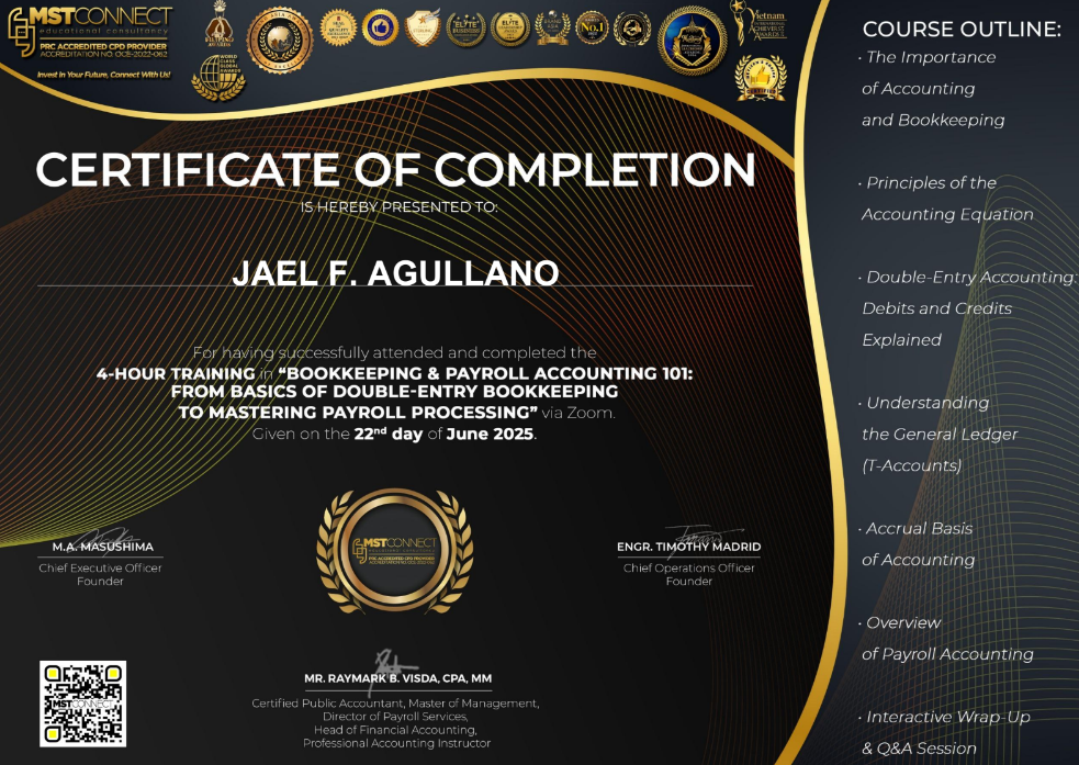 Certificate on Bookkeeping & Payroll Accounting 101