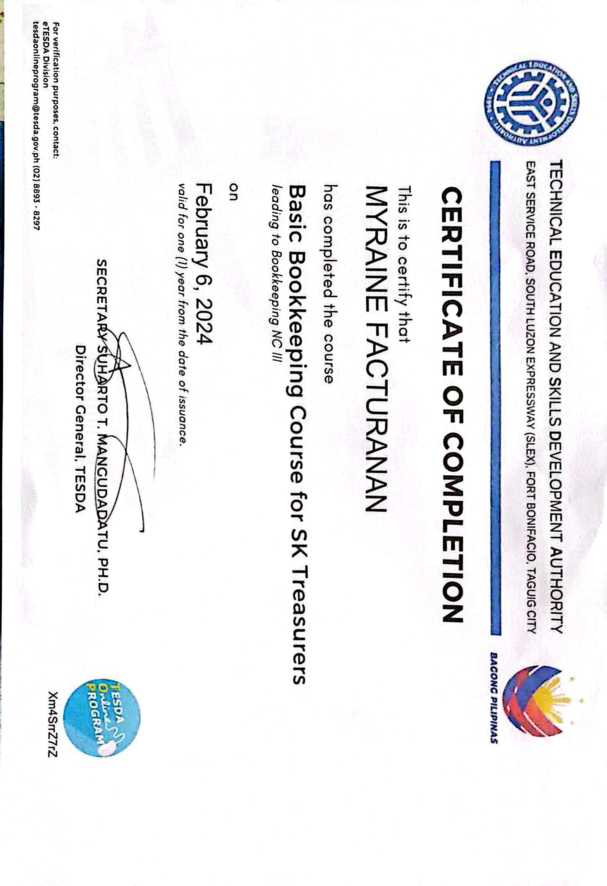 TESDA Bookkeeping Certificate