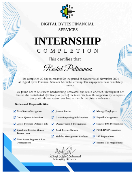 Internship Certificate Using Xero Accounting Software