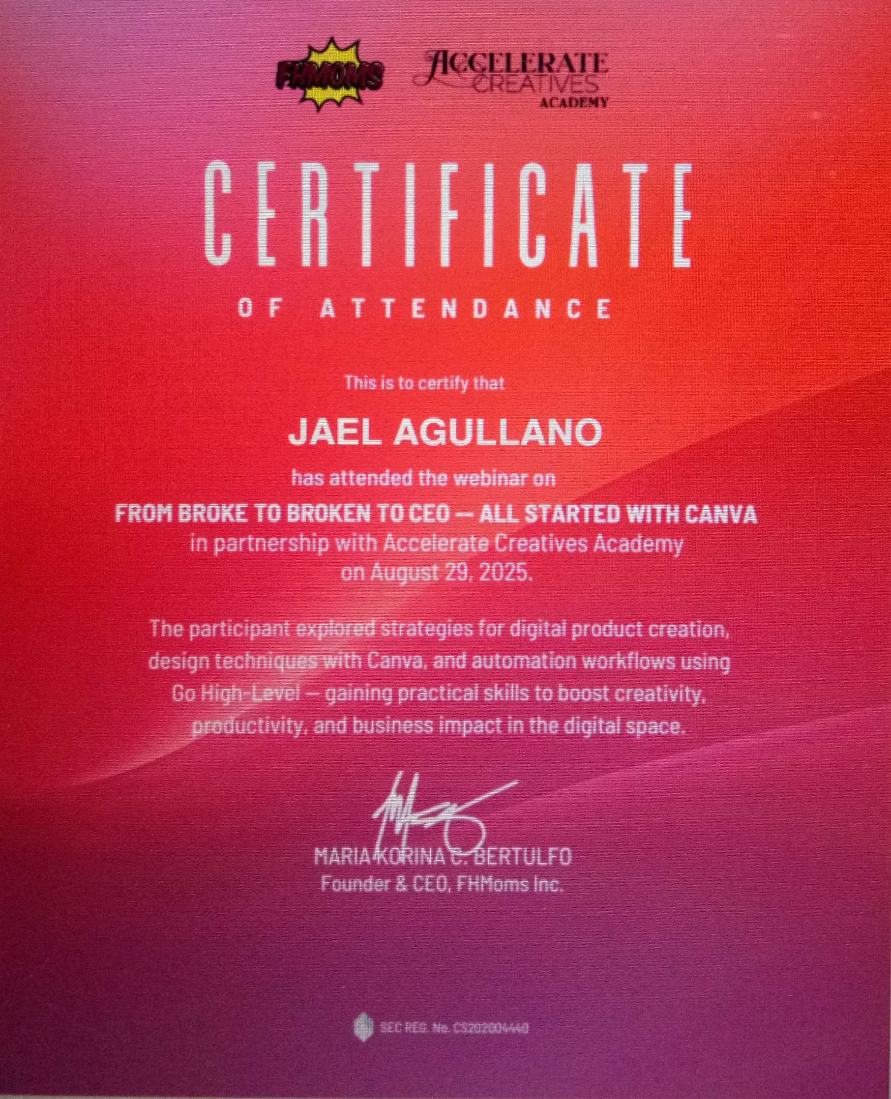 Certifiate on FROM BROKE TO BROKEN TO CEO-ALL STARTED WITH CANVA