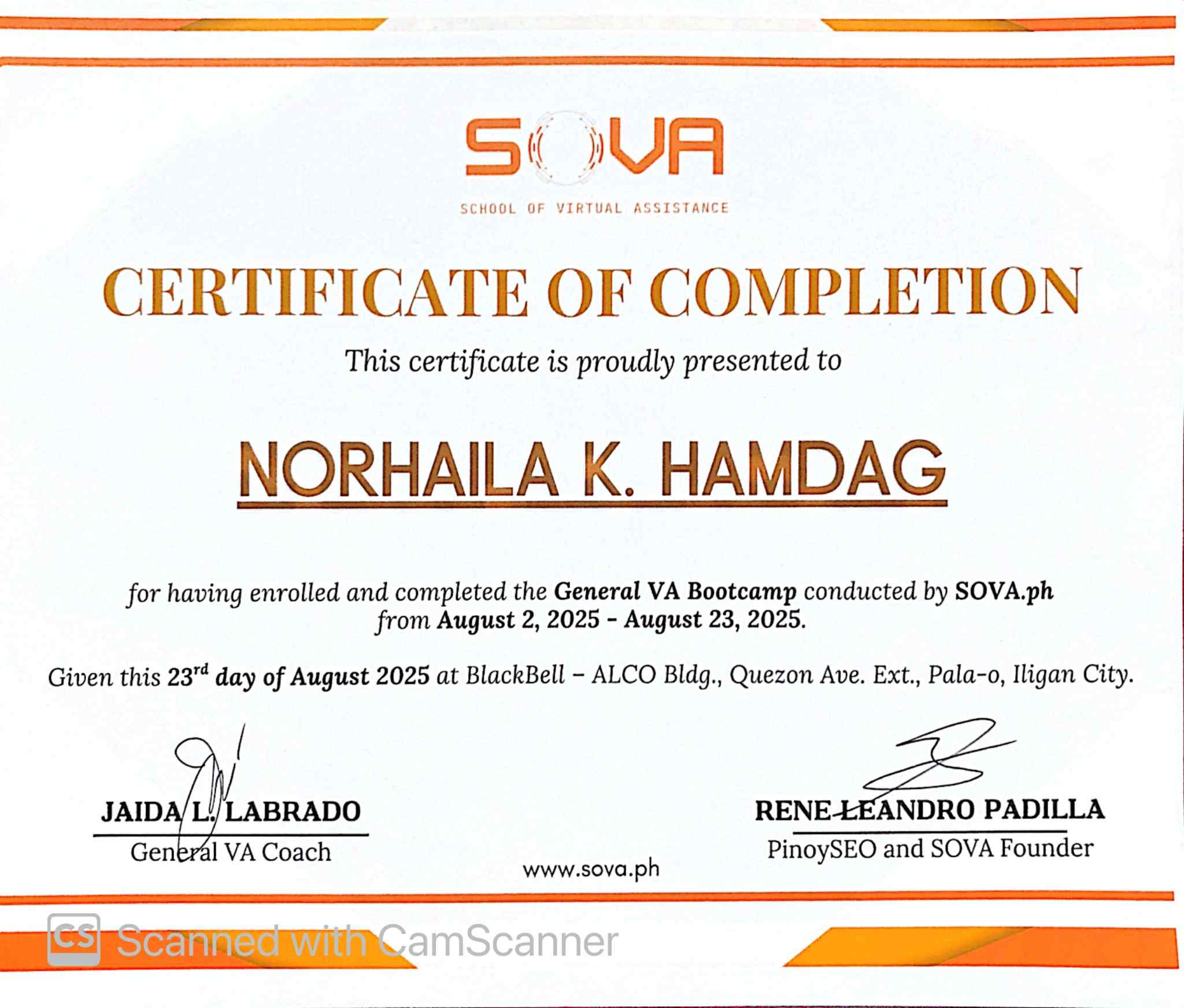 Shool of Virtual Assistance Training Certificate
