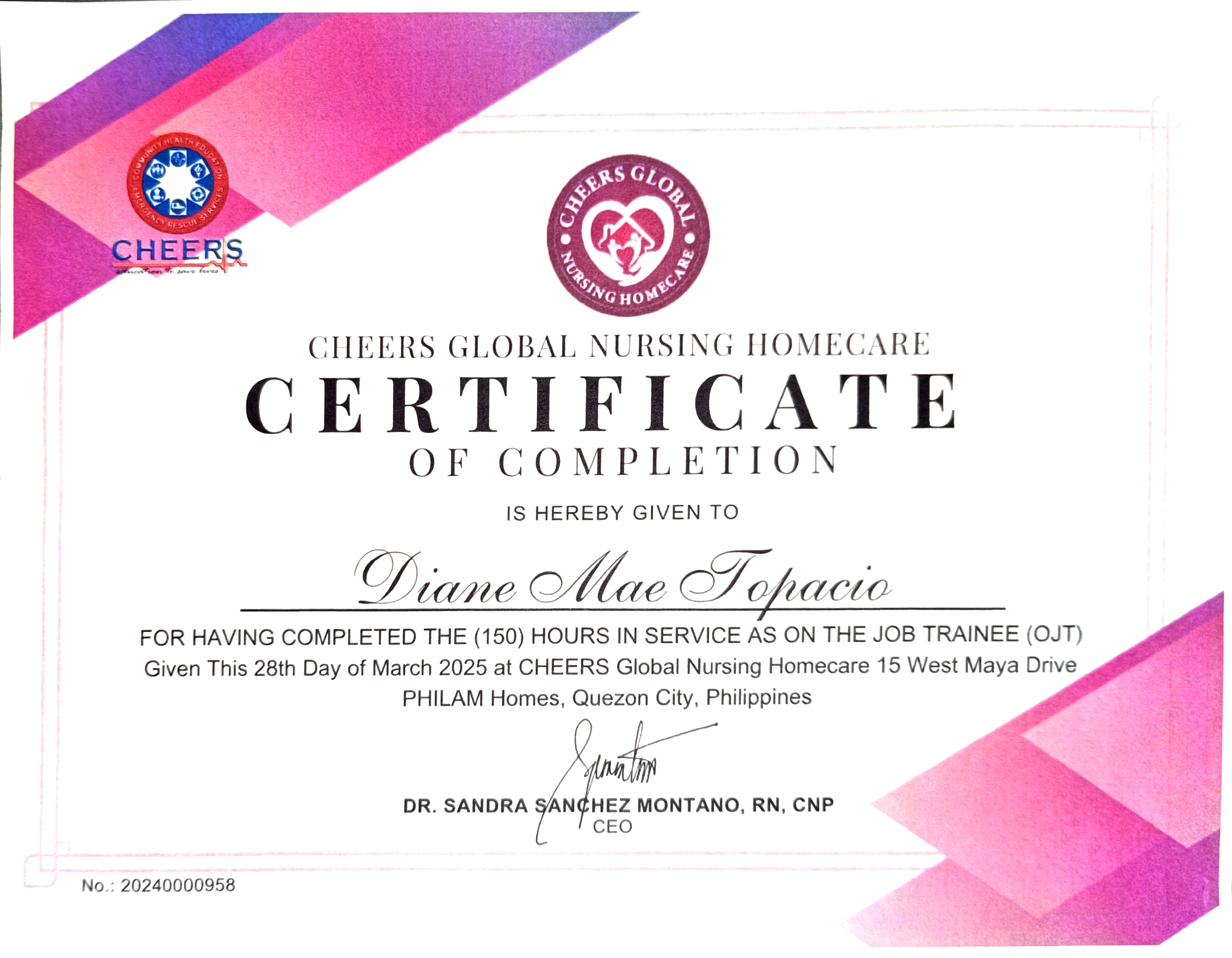 CHEERS Global Nursing Homecare Certificate
