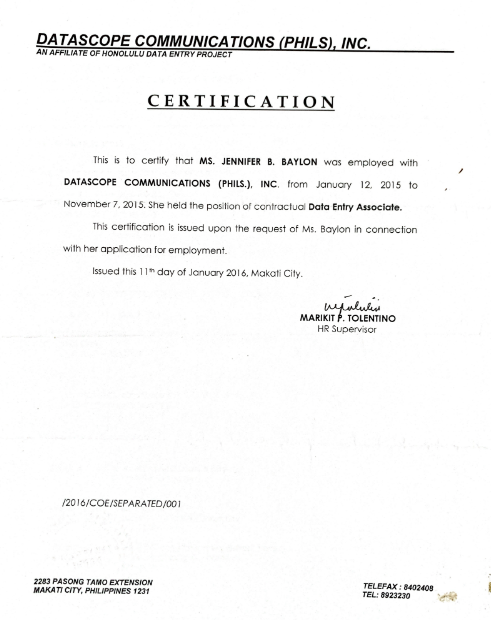 Certificate of Employment