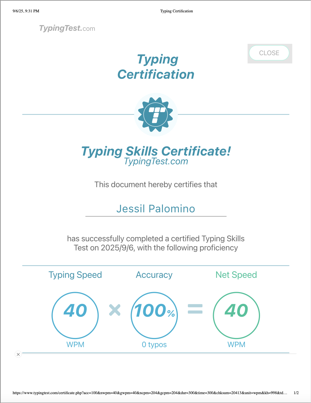 Typing Skills Certificate