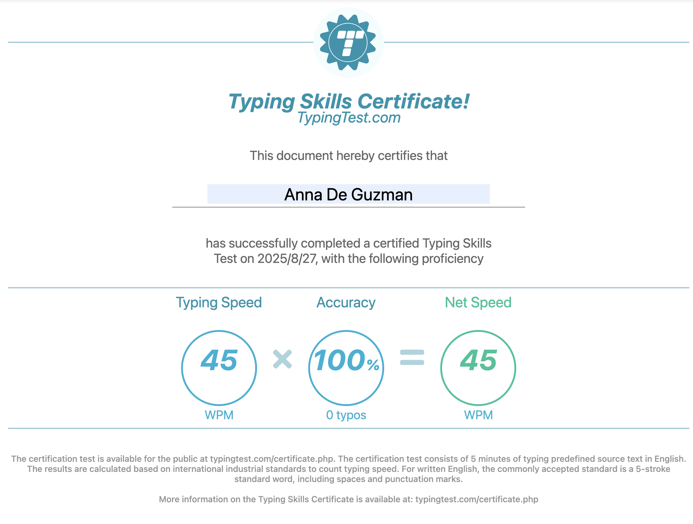 Typing Speed Certificate