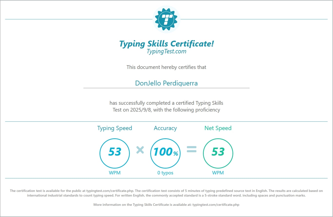 Typing Skills Certificate