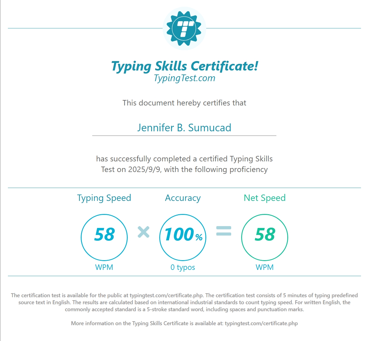 Typing Speed Certificate