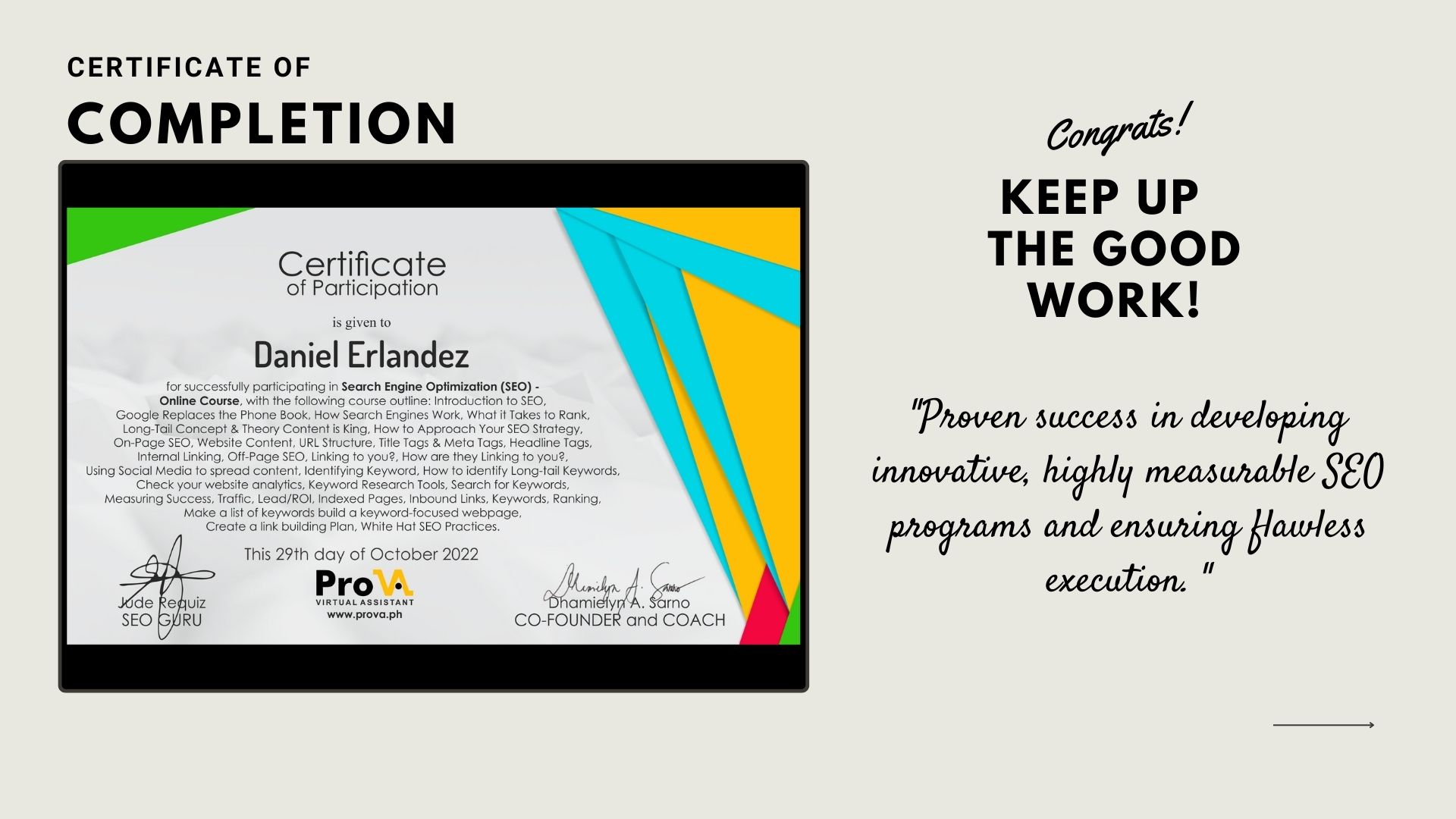 SEO Completion Certificate