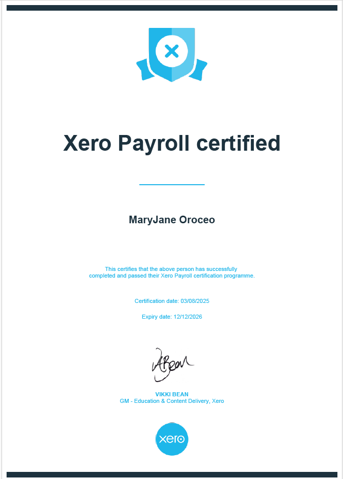 XERO Payroll Certificate
