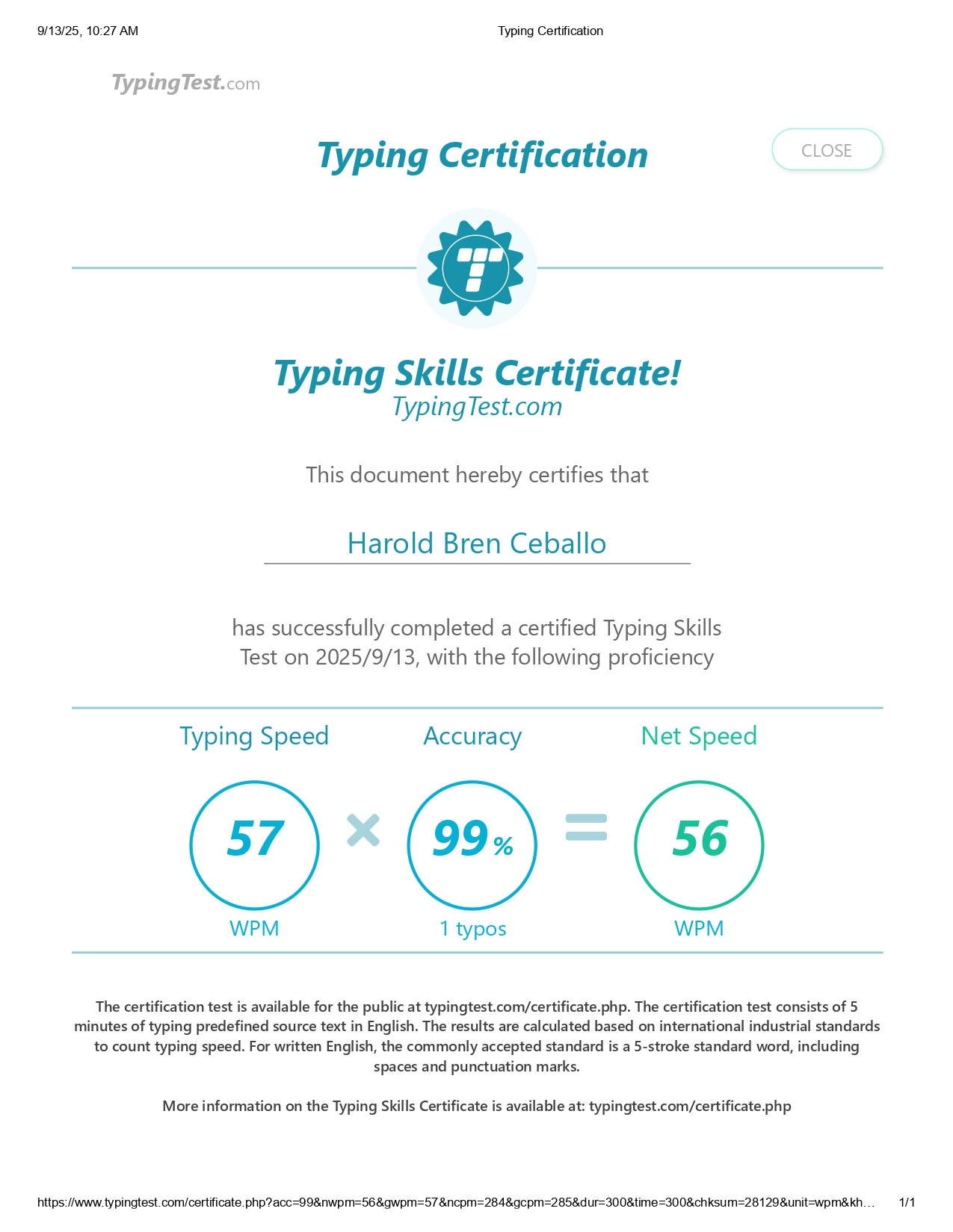 Typing Test Cert.