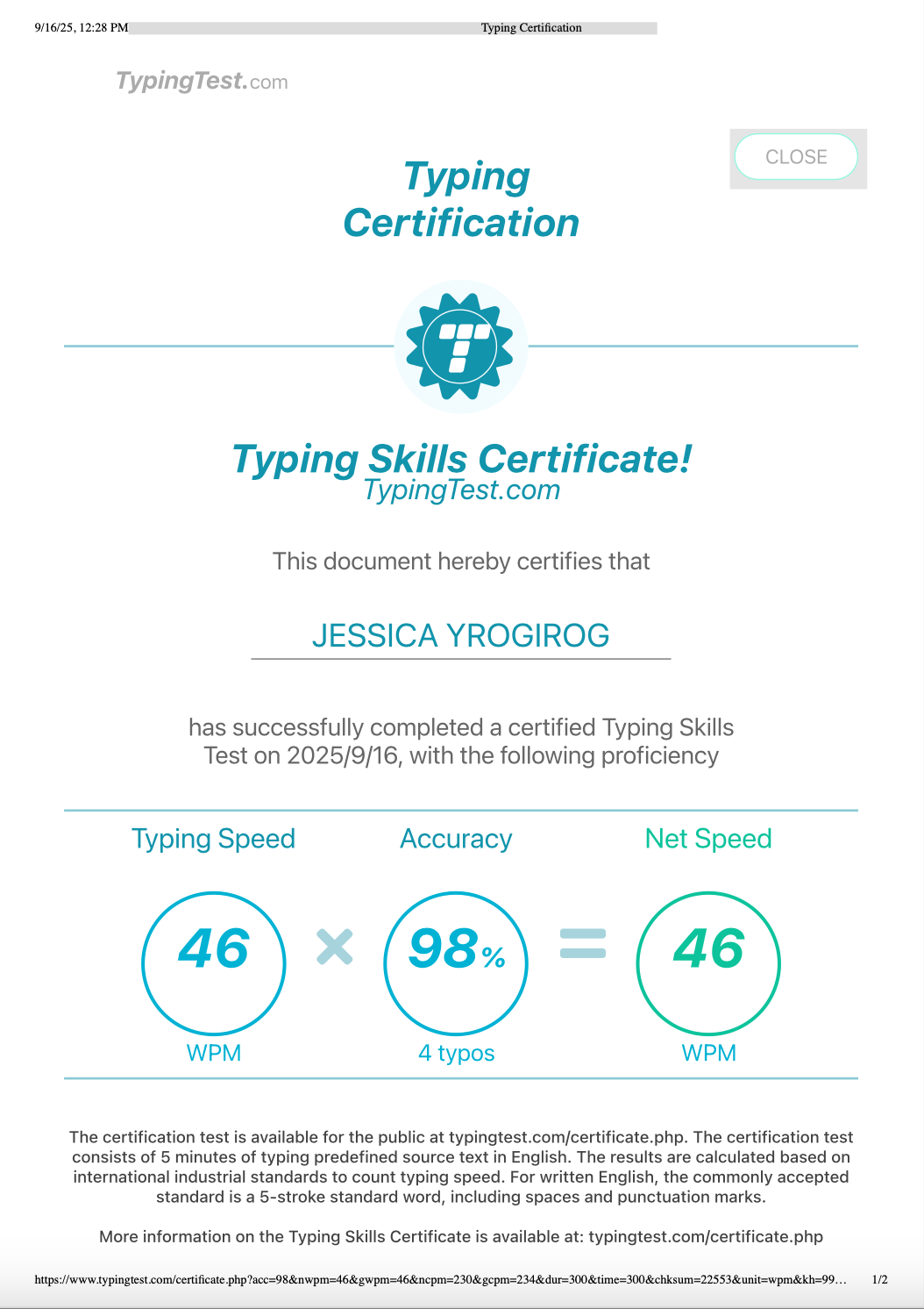 Typing Skills Certificate