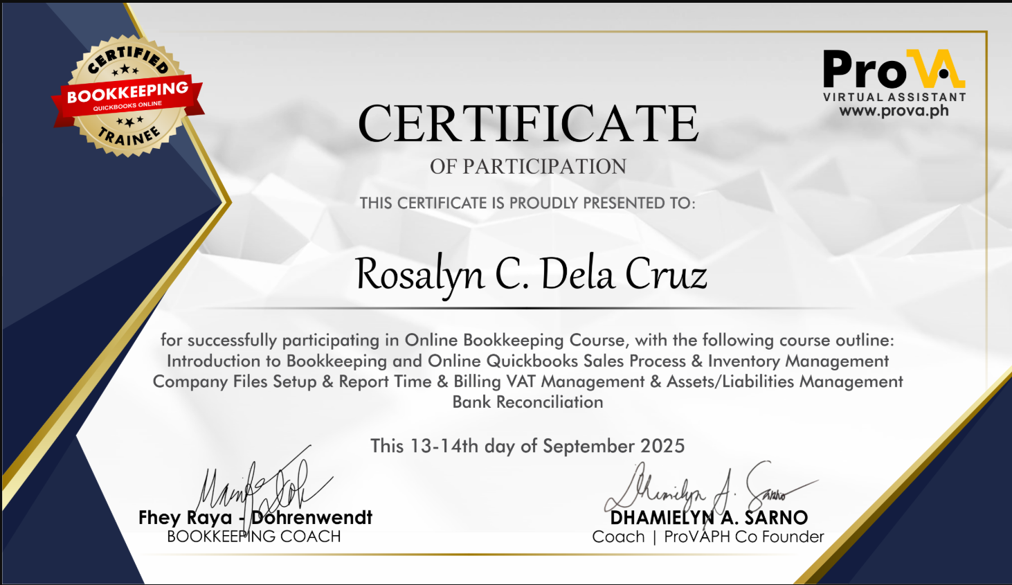 QUICKBOOKS SOFTWARE IN-DEPTH TRAINING -  CERTIFICATE OF PARTICIPATION