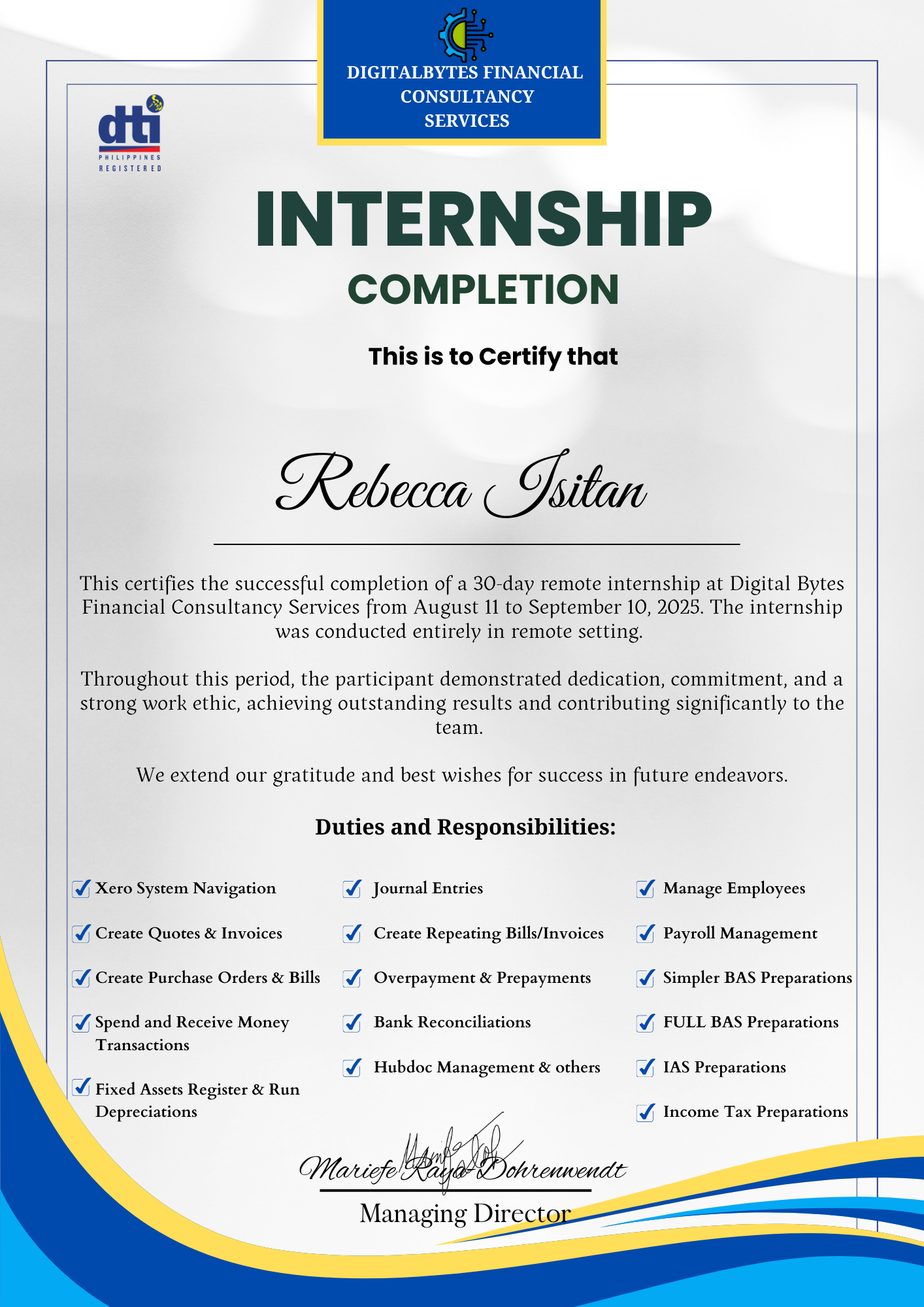 Bookkeeping Internship Completion