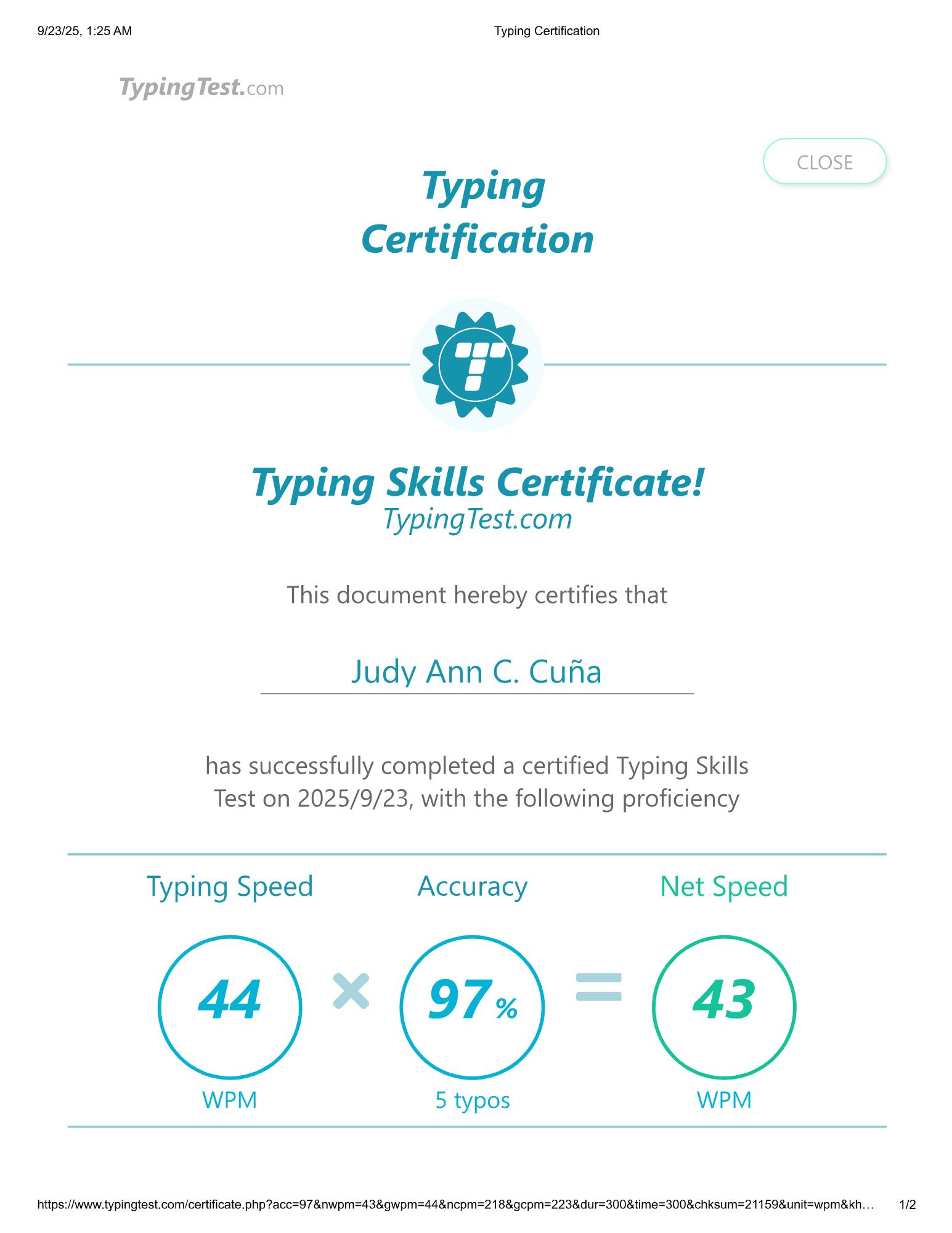 Typing Test Certificate