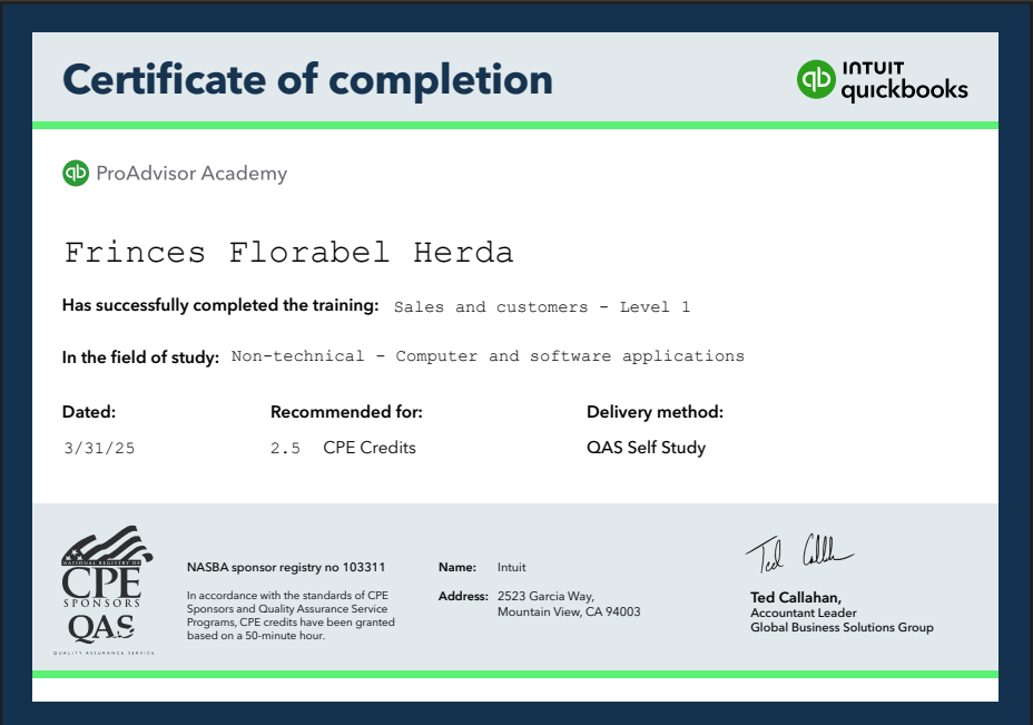 Quickbooks - Sales and Customer Certificate 2025