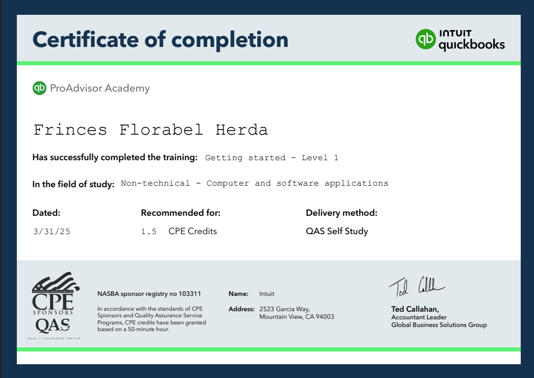 Quickbooks - Basic Information Certificate 2025