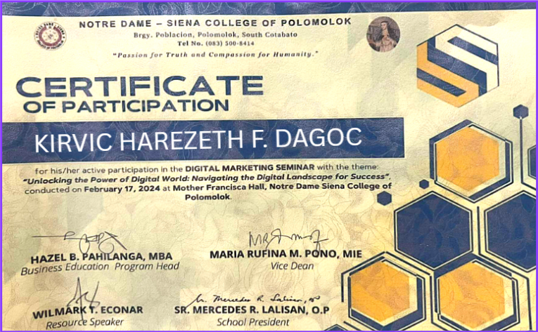 Certificate of Participation in the Digital Marketing Seminar