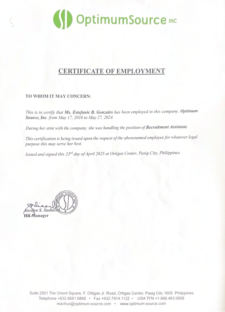 Recruitment Assistant Certificate of Employment