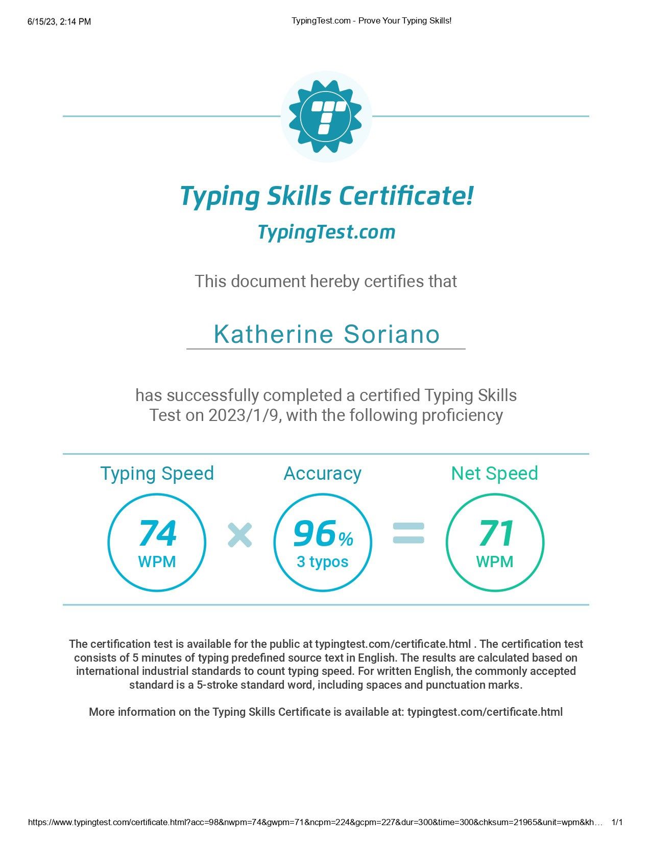 Typing Test Certificate