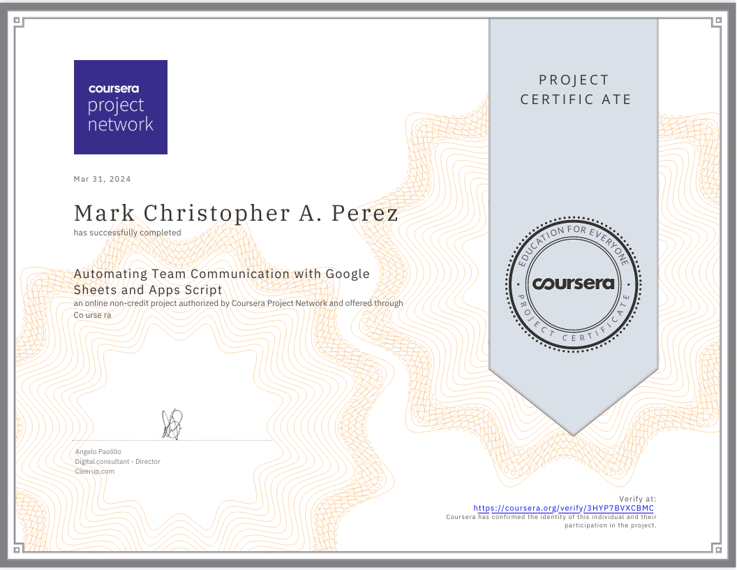 Automating Team Communication with Google Sheets and Apps Script - Coursera | March 2024
