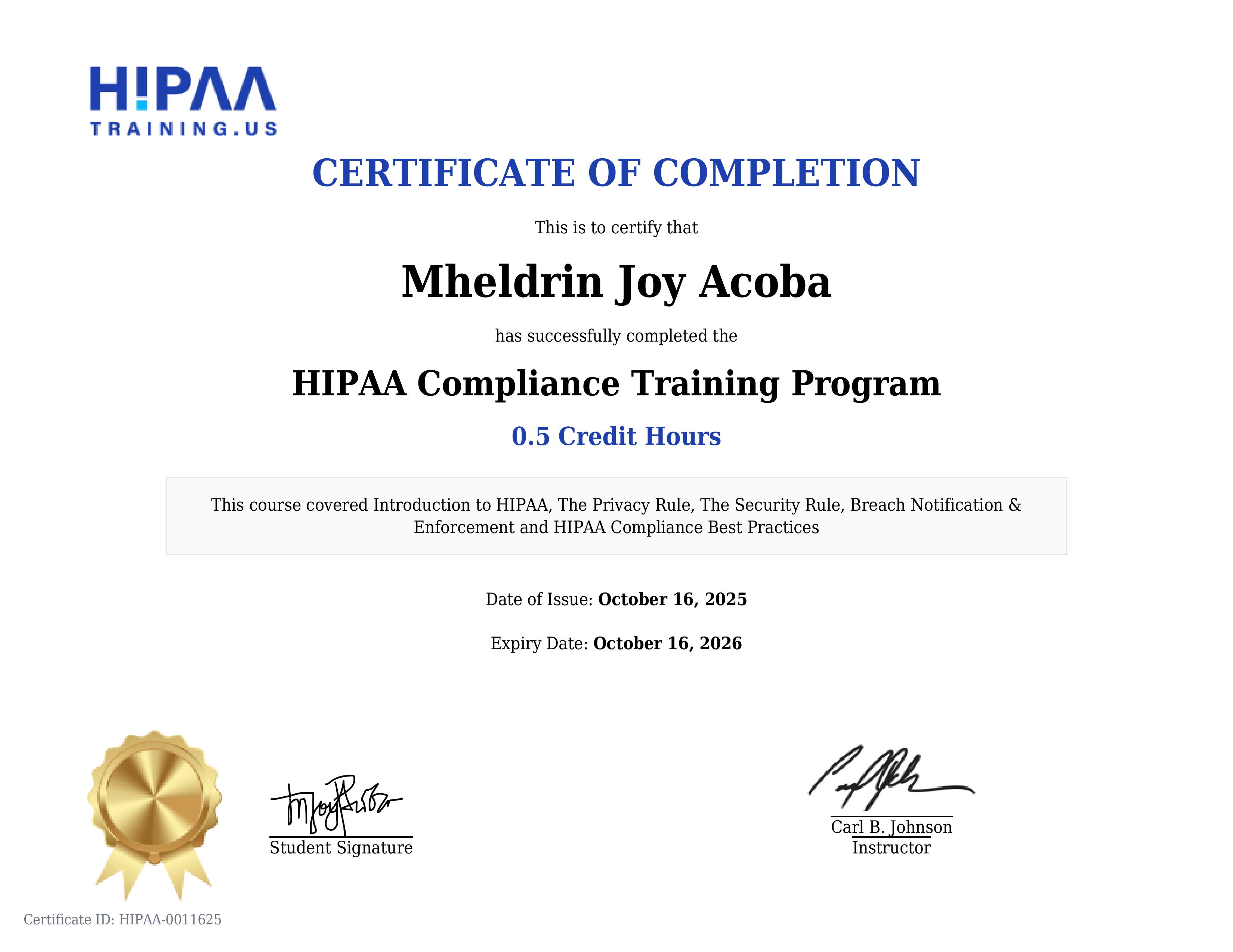 HIPAA Training Certificate