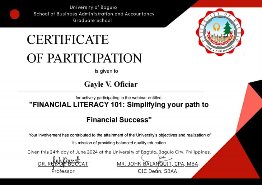 Certiticate Of Participation "Financial Literacy"