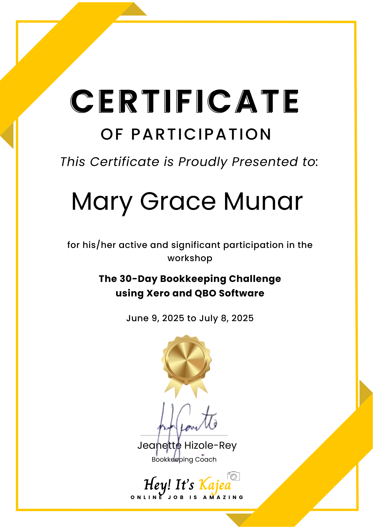 Bookkeeping Workshop Certificate
