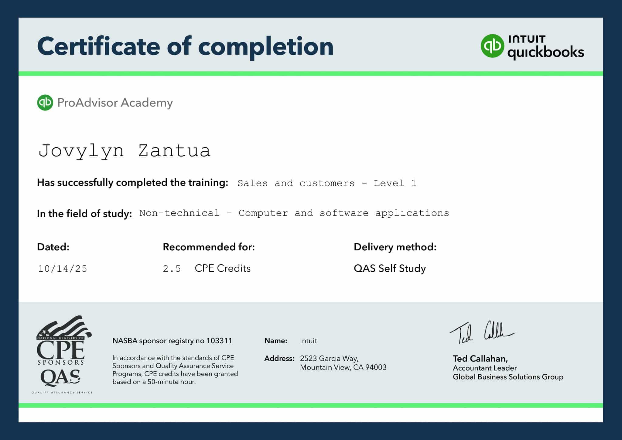 Intuit Quickbooks: Sales and Customers- Level 1
