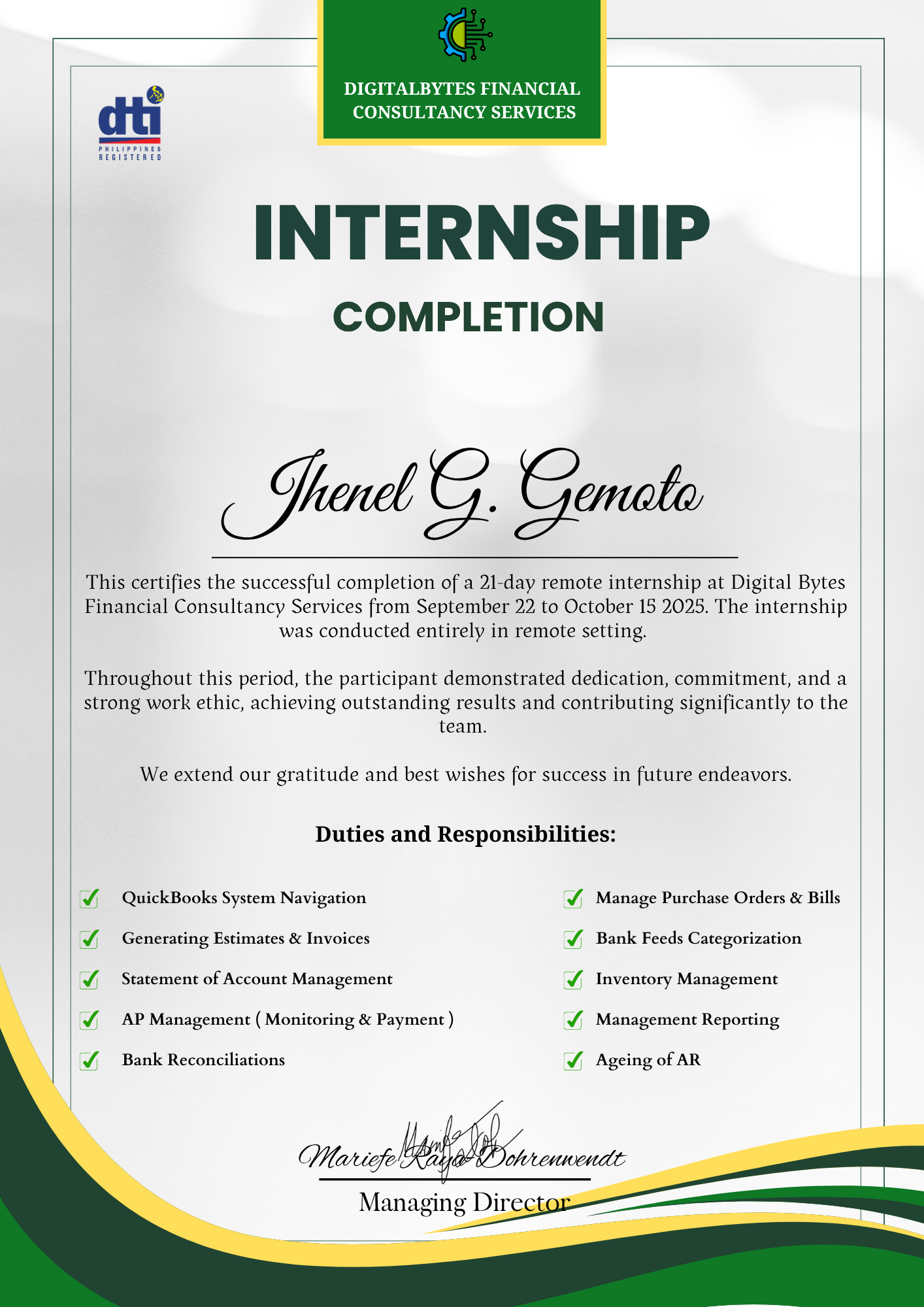 Quickbooks Internship Certificate