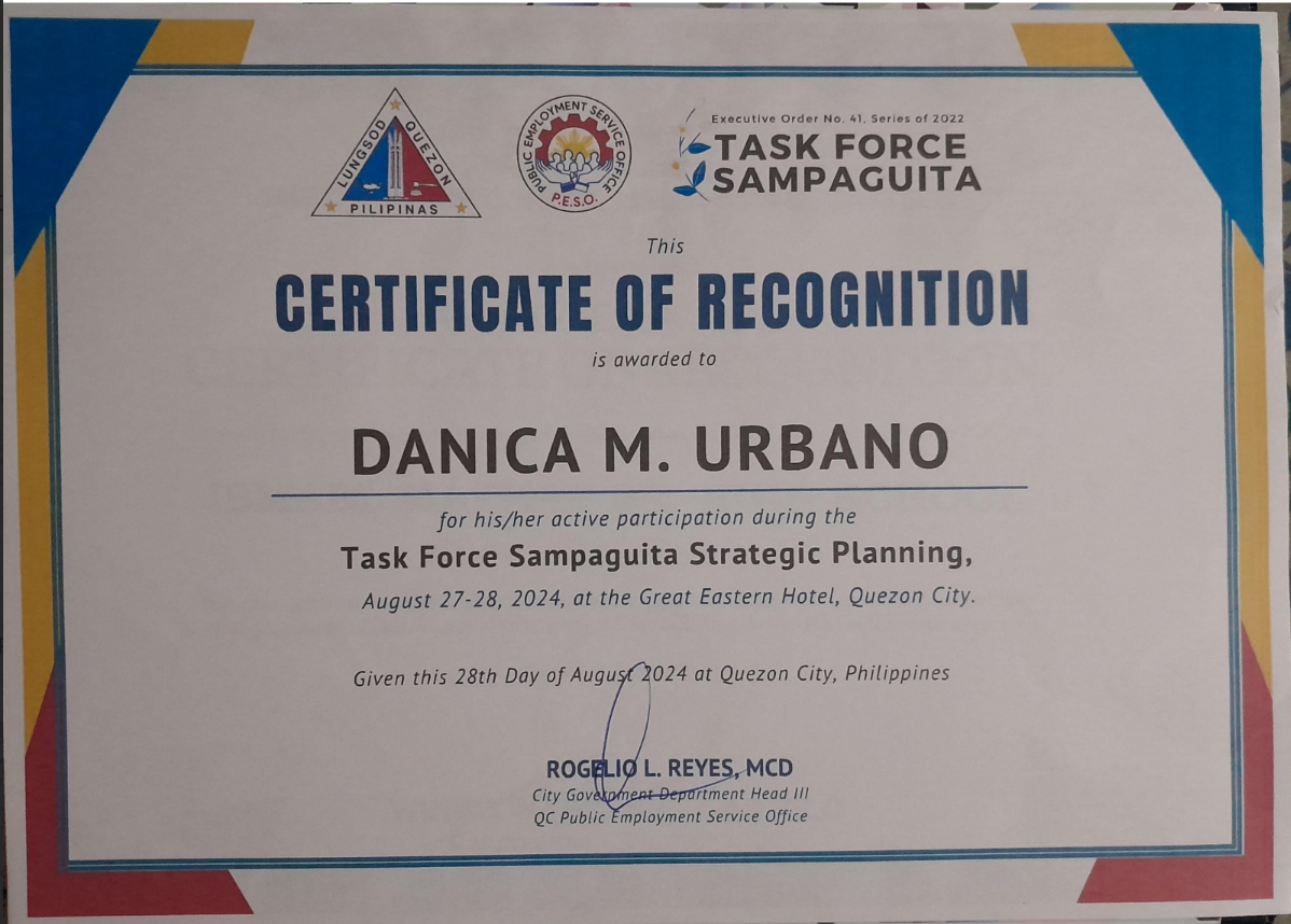 Certificate of Recognition for Task Force Sampaguita