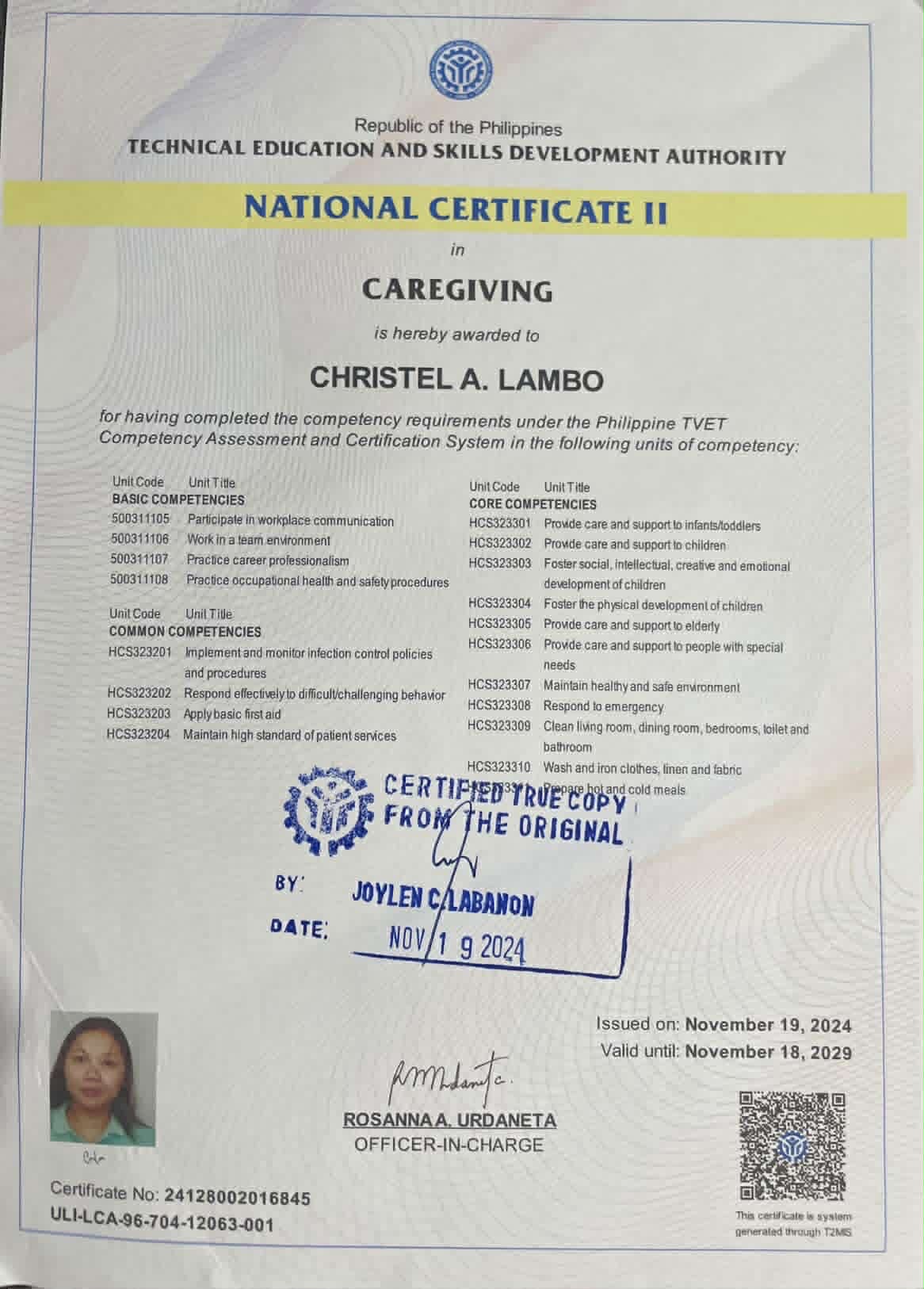 National Certificate II ( CAREGIVER )