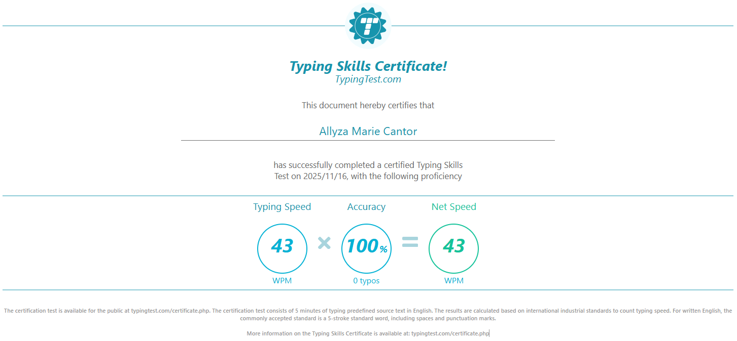 Typing Test Certificate