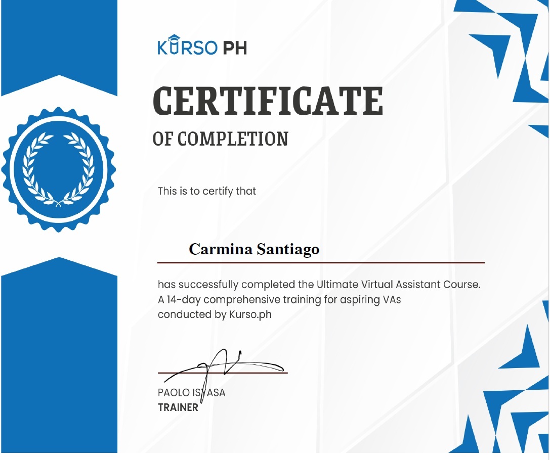 Certificate of Completion - Ultimate VA Course by Kurso PH