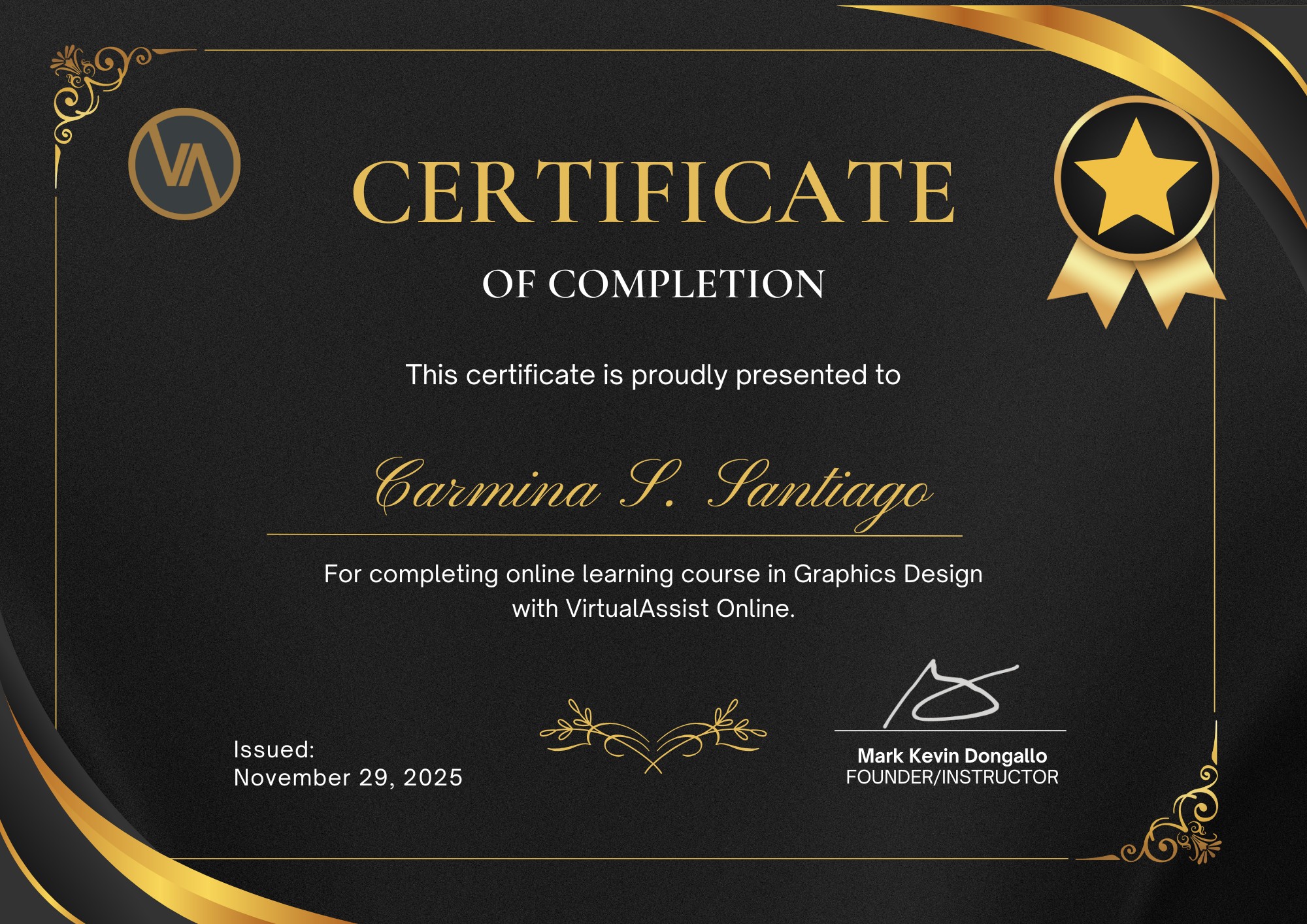 Certificate of Completion in Graphics Design, given by VirtualAssist Online