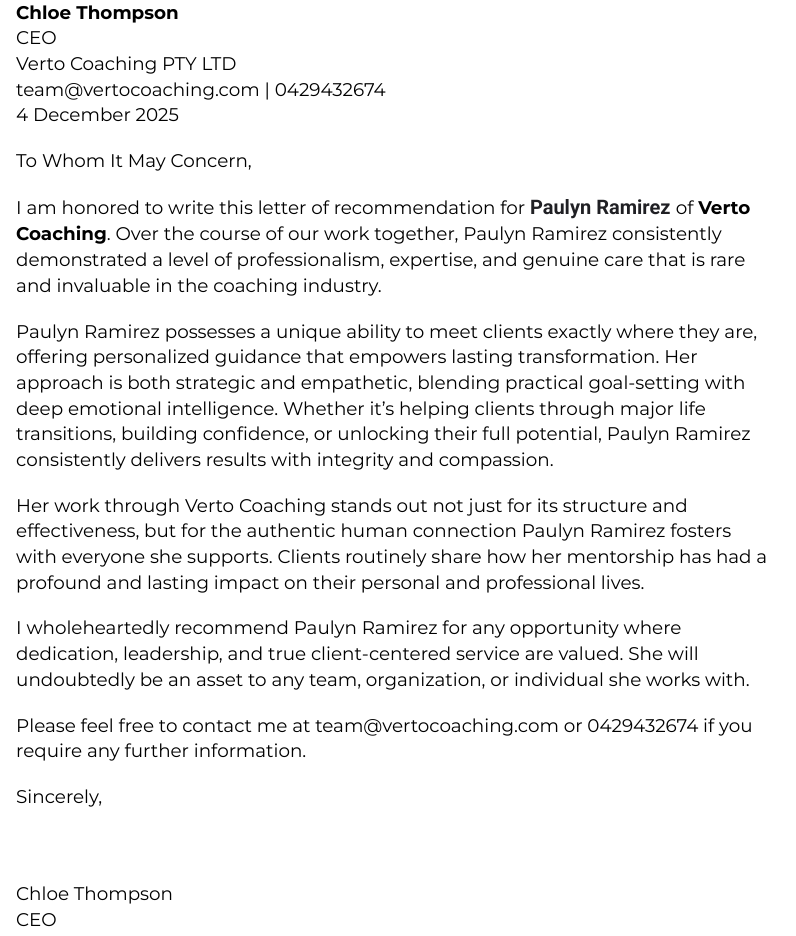 Recommendation Letter from Verto Coaching