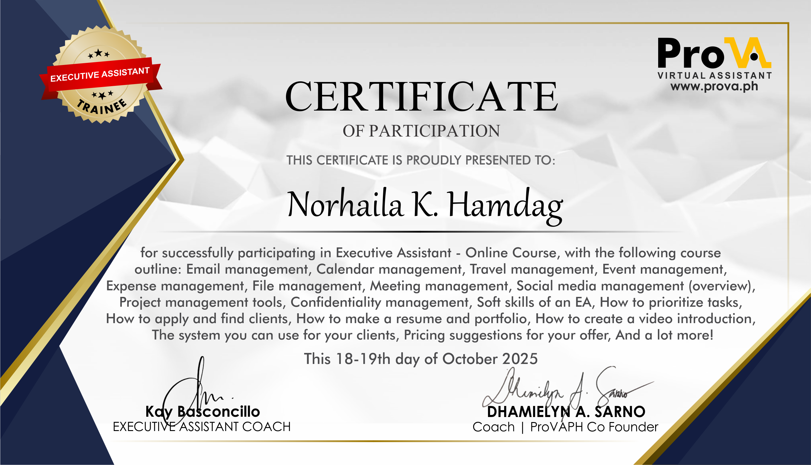 Executive Virtual Assistant Training Certificate