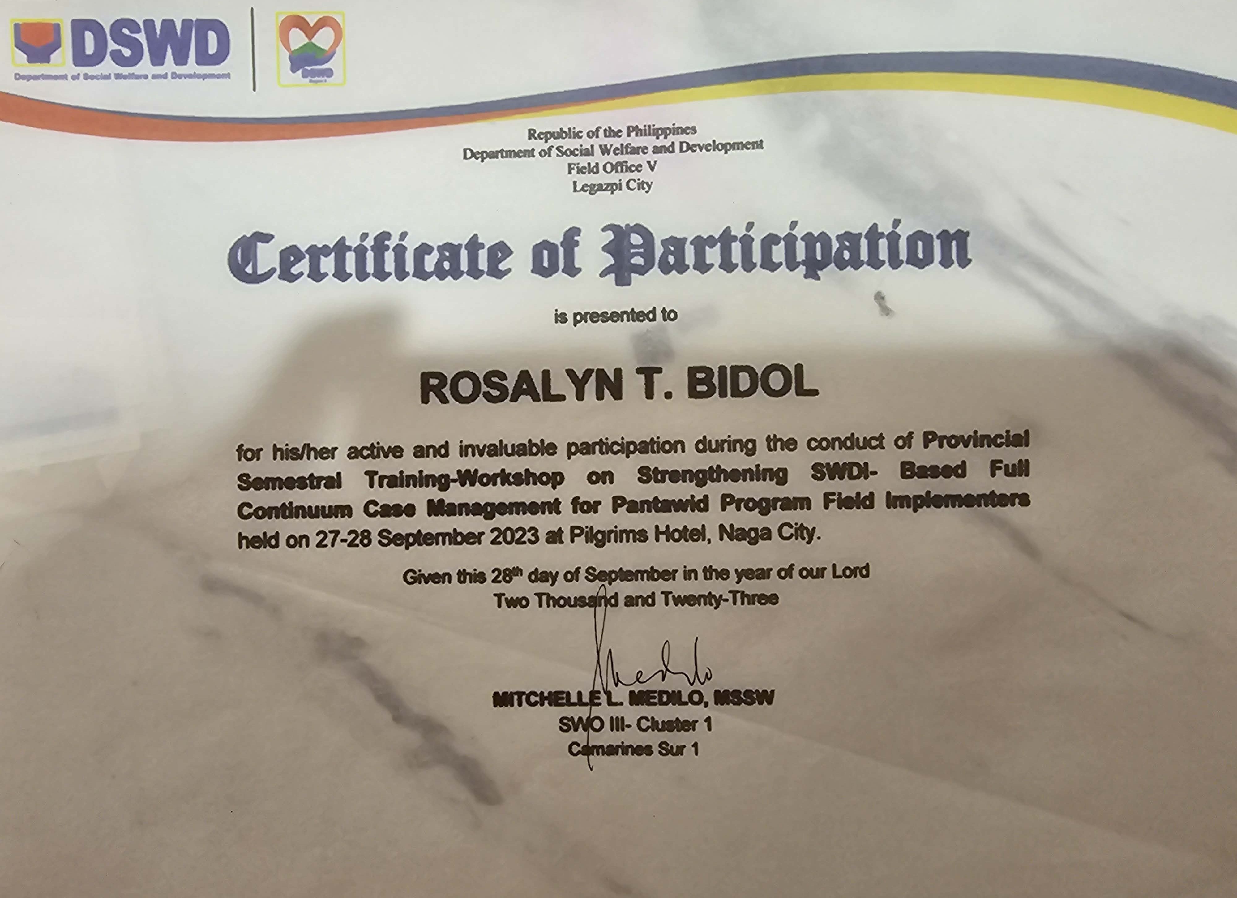 " Semestral Training-Workshop on Strengthening SWDI Based Full Continuum Case Management for Pantawid Program Field Implementers "