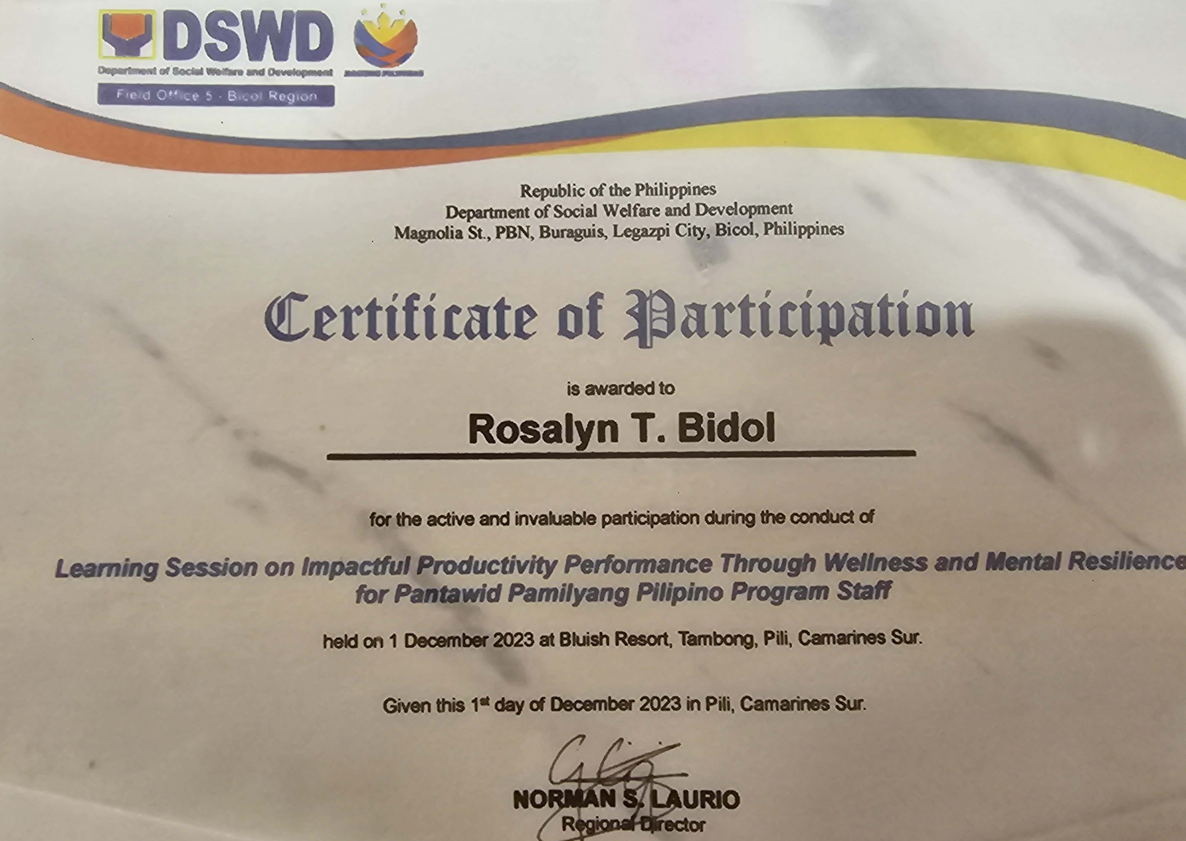 " Learning Session on Impactful Productivity Through Wellness and Mental Resilience for Panatwid Pamilyang Pilipino Program Staff"