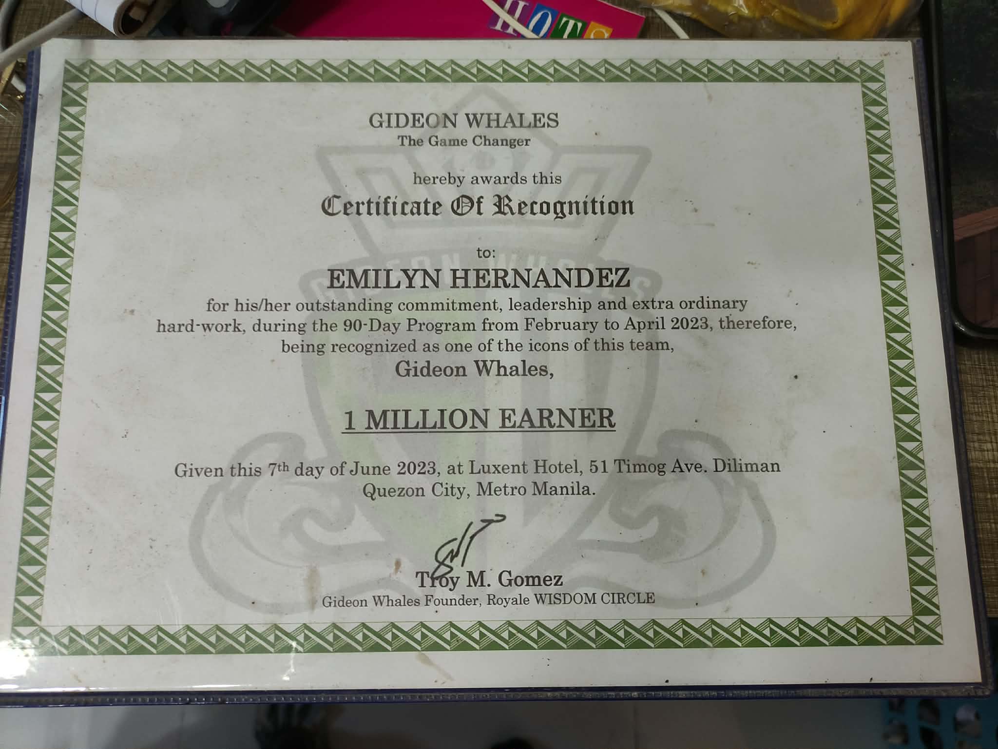 ONE OF MY CERTIFICATES- MY FIRST MILLION