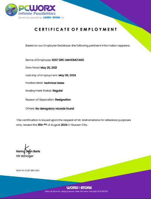 Certificate of Employment - PC WORX GENSAN