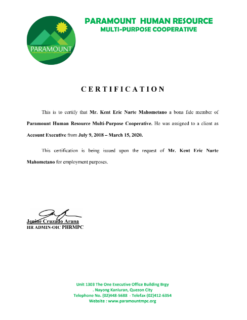 Certificate of Employment - Transcycle Polomolok