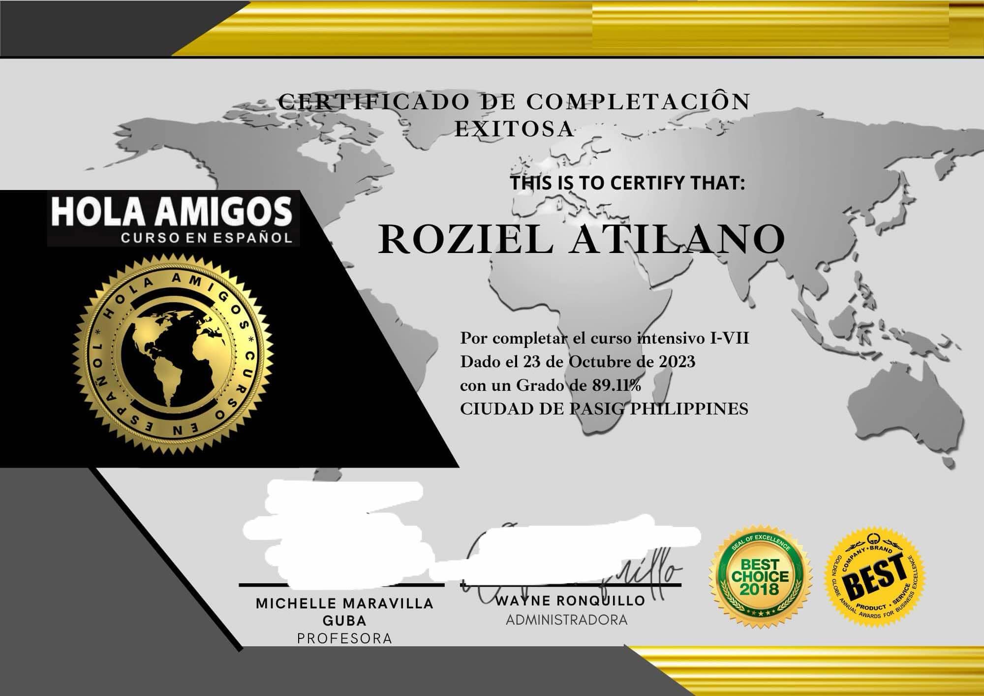 Certificate of Completion Spanish course